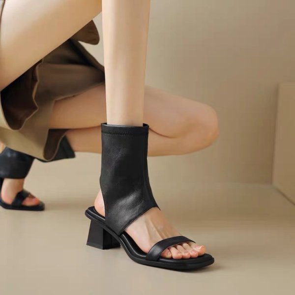 画像6: Thick heel open toe boots sandals pumps Shoes 　レザーオープントゥブーツサンダルパンプス (6)