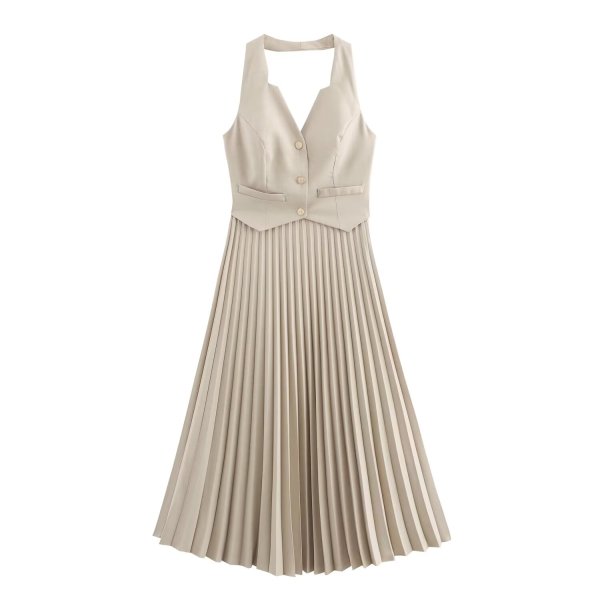 画像1: Women's Halter Neck Pleated Pleated Waist Long Dress One Piece Jumper Skirt 　ホルターネックプリーツプリーツウエストロングドレスワンピースジャンバースカート (1)