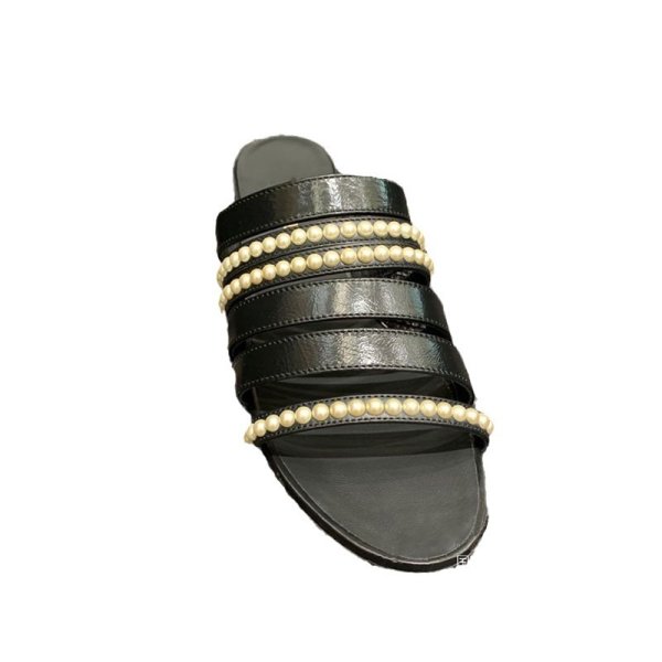 画像2: Leather Round Toe Low Heel Flat Pearl Sandal Slippers　レザーラウンドトゥローヒールフラットパールサンダルスリッパ (2)