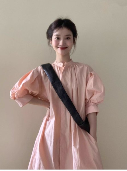 画像4: Women's French Style Casual Puff Sleeve Long Maxi Dress One Piece 　フレンチパフスリーブ膝下丈ワンピースドレス (4)