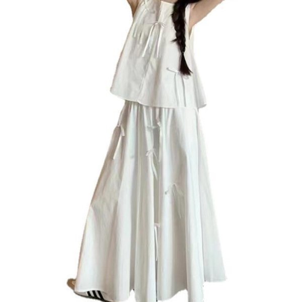 画像2: Women's 3D ribbon sleeveless blouse and flared skirt set up suit  立体リボンノースリーブブラウス＆フレアースカート セットアップ (2)