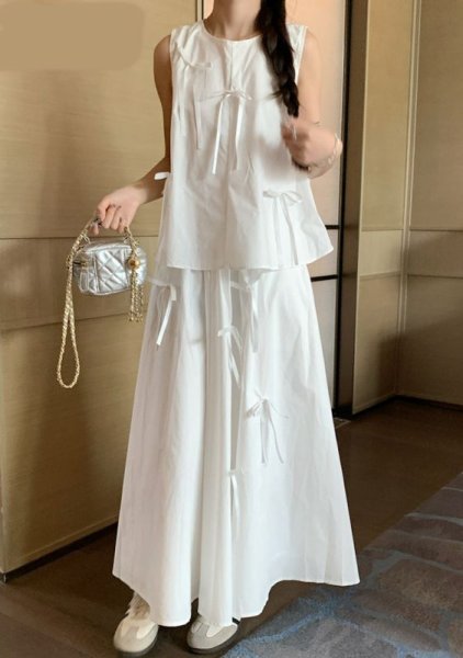 画像10: Women's 3D ribbon sleeveless blouse and flared skirt set up suit  立体リボンノースリーブブラウス＆フレアースカート セットアップ (10)