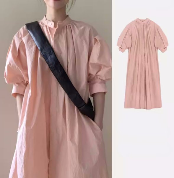 画像1: Women's French Style Casual Puff Sleeve Long Maxi Dress One Piece 　フレンチパフスリーブ膝下丈ワンピースドレス (1)