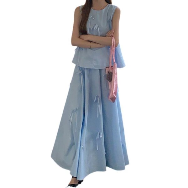 画像8: Women's 3D ribbon sleeveless blouse and flared skirt set up suit  立体リボンノースリーブブラウス＆フレアースカート セットアップ (8)