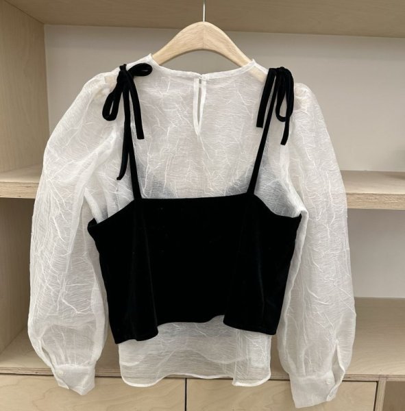 画像4: Women's French style puff sleeve shirt + velvet camisole ladies suit 　フレンチスタイルパフスリーブシャツ+ベルベットキャミソールレディーススーツ ブラウス&ベストセット (4)