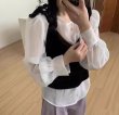 画像1: Women's French style puff sleeve shirt + velvet camisole ladies suit 　フレンチスタイルパフスリーブシャツ+ベルベットキャミソールレディーススーツ ブラウス&ベストセット (1)