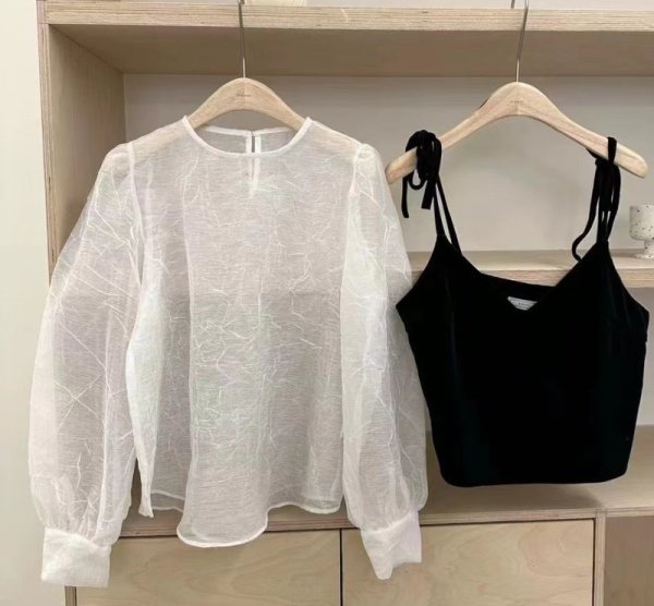 画像5: Women's French style puff sleeve shirt + velvet camisole ladies suit 　フレンチスタイルパフスリーブシャツ+ベルベットキャミソールレディーススーツ ブラウス&ベストセット (5)