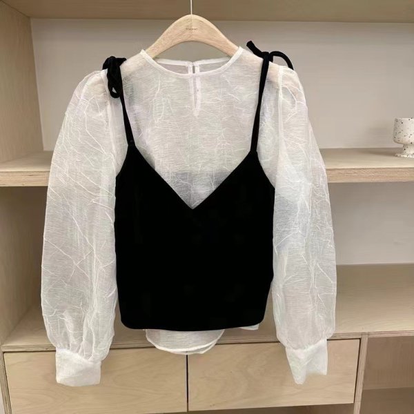 画像6: Women's French style puff sleeve shirt + velvet camisole ladies suit 　フレンチスタイルパフスリーブシャツ+ベルベットキャミソールレディーススーツ ブラウス&ベストセット (6)