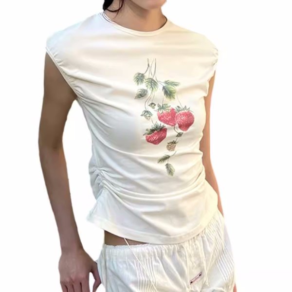 画像1: Strawberry print round neck short length T-shirt　　ストロベリープリントラウンドネックショート丈Tシャツ (1)