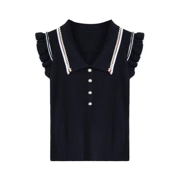 画像1: Women's Ruffled sleeves cute collar pearl buttons sweater  フリルフレンチスリーブポロカラーパールボタンセーター (1)