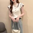 画像4: Women's Ruffled sleeves cute collar pearl buttons sweater  フリルフレンチスリーブポロカラーパールボタンセーター (4)