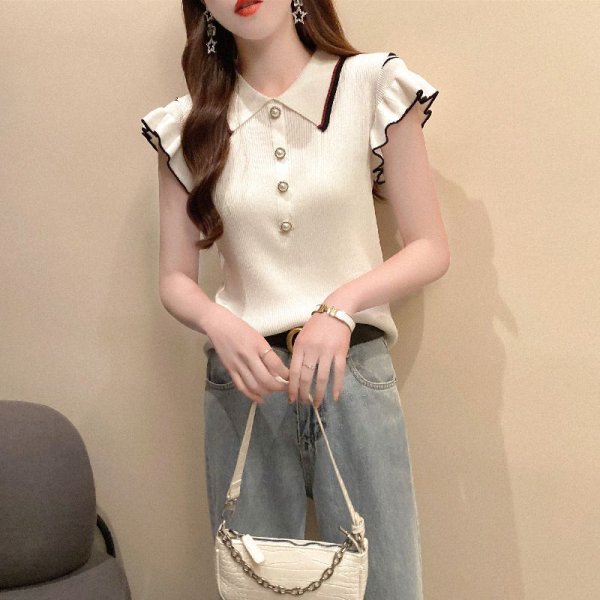 画像4: Women's Ruffled sleeves cute collar pearl buttons sweater  フリルフレンチスリーブポロカラーパールボタンセーター (4)