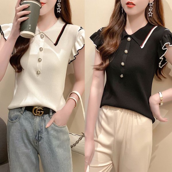 画像6: Women's Ruffled sleeves cute collar pearl buttons sweater  フリルフレンチスリーブポロカラーパールボタンセーター (6)