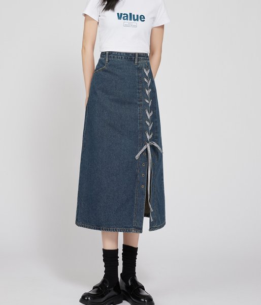画像1: Women's Mid-length lace-up denim skirt　レースアップデニム膝下ミディアム丈スカート (1)