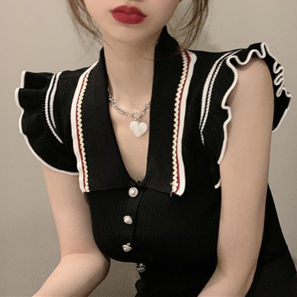 画像5: Women's Ruffled sleeves cute collar pearl buttons sweater  フリルフレンチスリーブポロカラーパールボタンセーター (5)