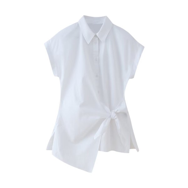 画像2: Women's knot detail shirt blouse　ノットディテール フレンチスリーブシャツブラウス (2)