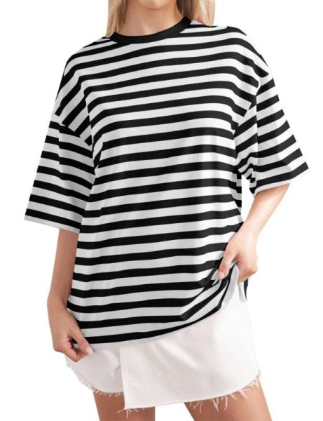 画像1: Striped drop shoulder round neck T-shirt　ストライプ ボーダードロップショルダーラウンドネックTシャツ (1)