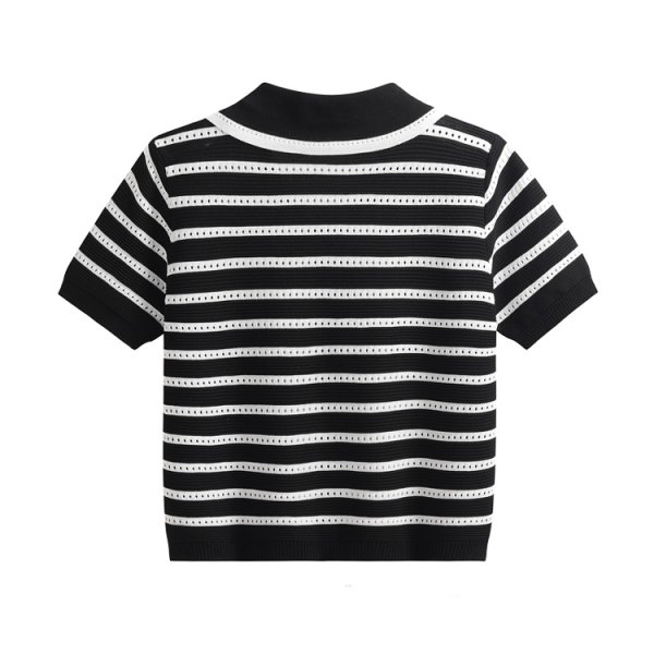画像2: Women's black and white striped hollow polo collar knitted  sweater  ブラック＆ホワイトポロカラーハートボタンセーター (2)