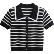 画像1: Women's black and white striped hollow polo collar knitted  sweater  ブラック＆ホワイトポロカラーハートボタンセーター (1)