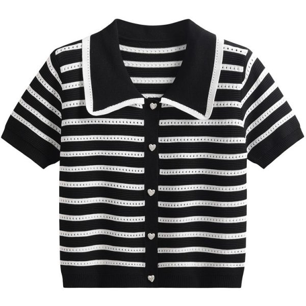 画像1: Women's black and white striped hollow polo collar knitted  sweater  ブラック＆ホワイトポロカラーハートボタンセーター (1)