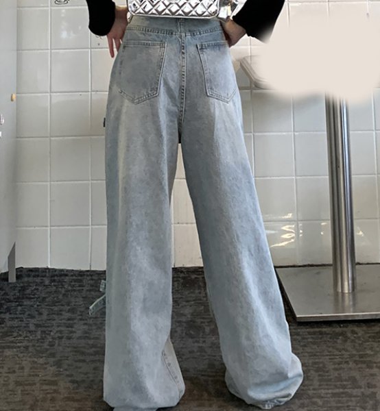 画像5: Ribbon Design Jeans Denim Women's High Waist Loose Straight Wide Leg Pants 　ハイウエストリボン デニムジーンズワイド パンツ (5)