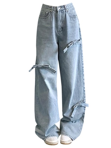 画像1: Ribbon Design Jeans Denim Women's High Waist Loose Straight Wide Leg Pants 　ハイウエストリボン デニムジーンズワイド パンツ (1)