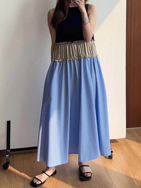 画像3: Women's Panel color - Color matching high-end contrast stitch sleeveless long dress 　パネルカラ― カラーマッチングハイエンドコントラストステッチノースリーブロングドレスワンピース (3)