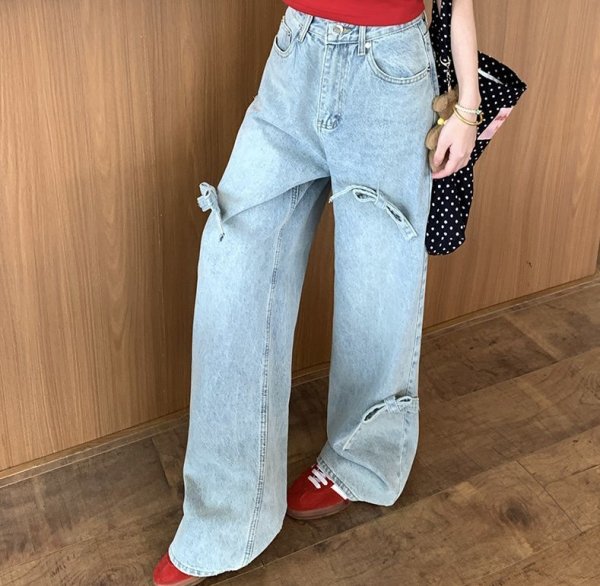 画像4: Ribbon Design Jeans Denim Women's High Waist Loose Straight Wide Leg Pants 　ハイウエストリボン デニムジーンズワイド パンツ (4)