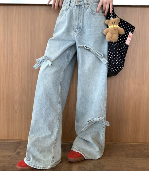 画像3: Ribbon Design Jeans Denim Women's High Waist Loose Straight Wide Leg Pants 　ハイウエストリボン デニムジーンズワイド パンツ (3)