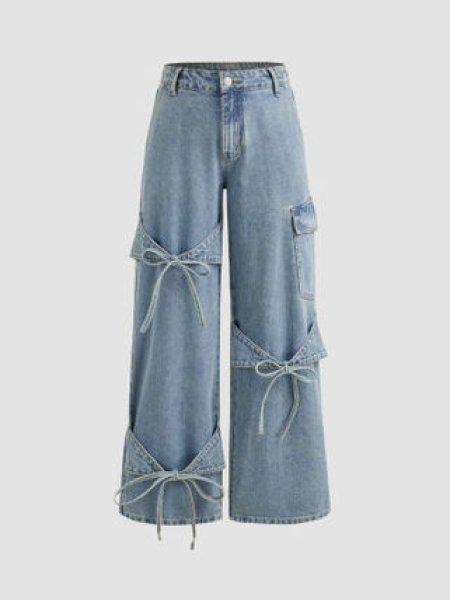 画像2: Ribbon Design Jeans Denim Women's High Waist Loose Straight Wide Leg Pants 　ハイウエストリボン デニムジーンズワイド パンツ (2)