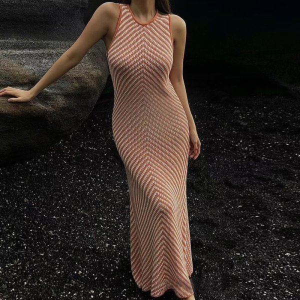 画像2: Women's Sleeveless long diagonal striped knit dress　斜めボーダーロングスリムニットワンピースドレス (2)