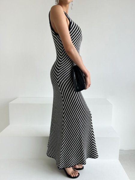 画像3: Women's Sleeveless long diagonal striped knit dress　斜めボーダーロングスリムニットワンピースドレス (3)