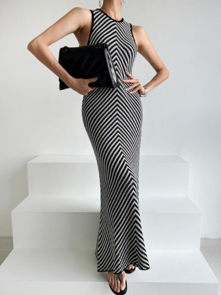 画像5: Women's Sleeveless long diagonal striped knit dress　斜めボーダーロングスリムニットワンピースドレス (5)