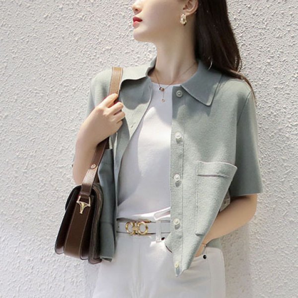 画像3: Women's Polo collar pique knit short sleeve sweater cardigan  ポロカラー半袖ピケニットセーターカーディガン (3)