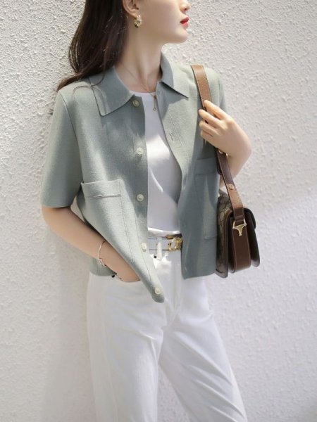 画像5: Women's Polo collar pique knit short sleeve sweater cardigan  ポロカラー半袖ピケニットセーターカーディガン (5)