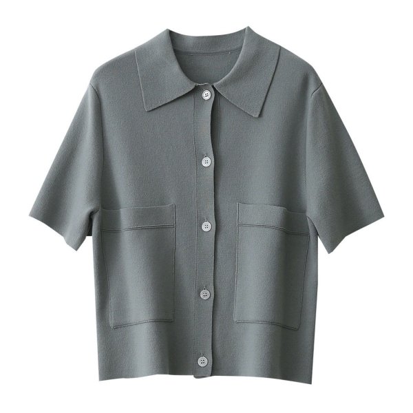 画像1: Women's Polo collar pique knit short sleeve sweater cardigan  ポロカラー半袖ピケニットセーターカーディガン (1)