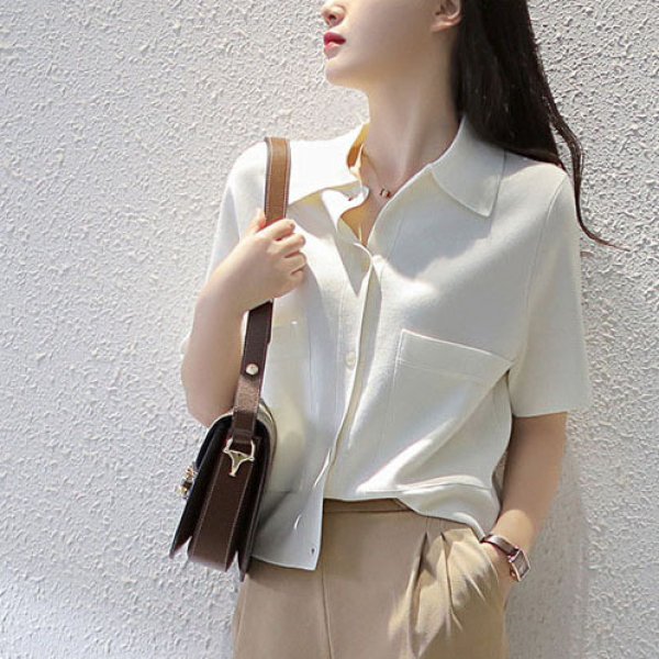 画像2: Women's Polo collar pique knit short sleeve sweater cardigan  ポロカラー半袖ピケニットセーターカーディガン (2)