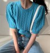 画像3: Women's Twisted rope knit puff sleeve short sleeve sweater ツイスト縄編みパフスリーブ半袖セーター (3)