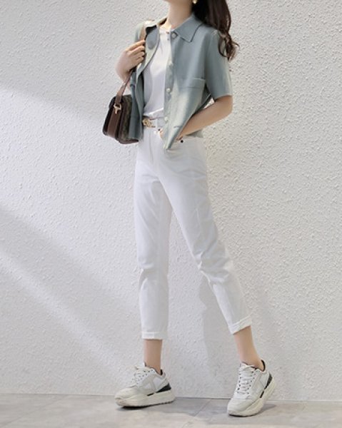 画像6: Women's Polo collar pique knit short sleeve sweater cardigan  ポロカラー半袖ピケニットセーターカーディガン (6)