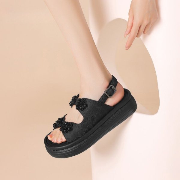 画像5: Women's Pearl flower thick soft sole leather sandals  slippers  　ユニセックスプラットフォームパールフラワー厚底サンダルスリッパ  (5)