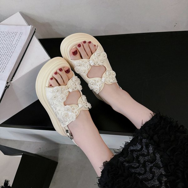 画像7: Women's Pearl flower thick soft sole leather sandals  slippers  　ユニセックスプラットフォームパールフラワー厚底サンダルスリッパ  (7)