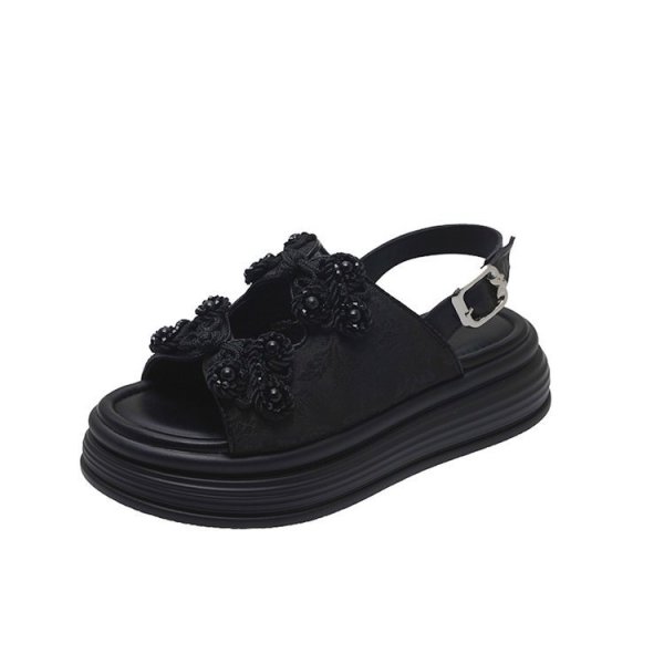 画像1: Women's Pearl flower thick soft sole leather sandals  slippers  　ユニセックスプラットフォームパールフラワー厚底サンダルスリッパ  (1)