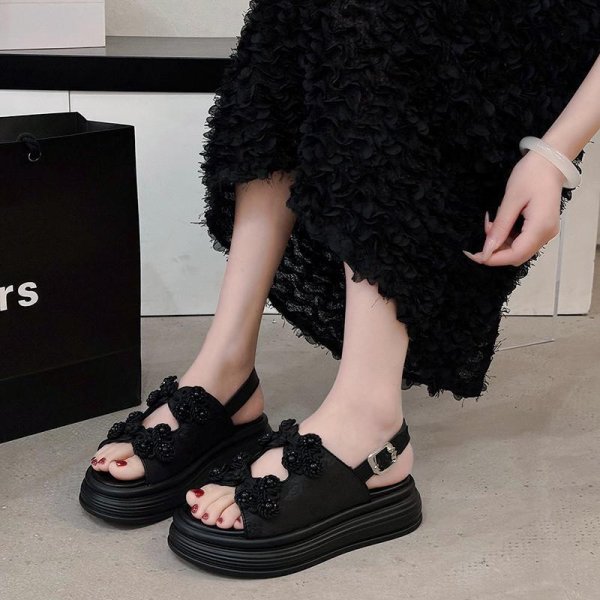 画像9: Women's Pearl flower thick soft sole leather sandals  slippers  　ユニセックスプラットフォームパールフラワー厚底サンダルスリッパ  (9)