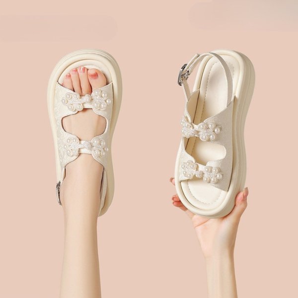画像4: Women's Pearl flower thick soft sole leather sandals  slippers  　ユニセックスプラットフォームパールフラワー厚底サンダルスリッパ  (4)