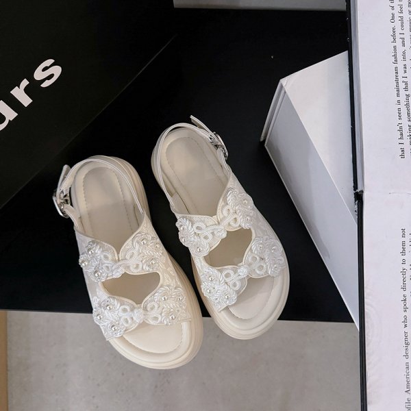 画像6: Women's Pearl flower thick soft sole leather sandals  slippers  　ユニセックスプラットフォームパールフラワー厚底サンダルスリッパ  (6)