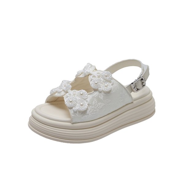 画像2: Women's Pearl flower thick soft sole leather sandals  slippers  　ユニセックスプラットフォームパールフラワー厚底サンダルスリッパ  (2)