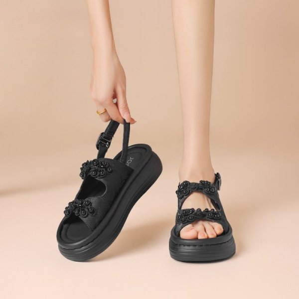 画像3: Women's Pearl flower thick soft sole leather sandals  slippers  　ユニセックスプラットフォームパールフラワー厚底サンダルスリッパ  (3)