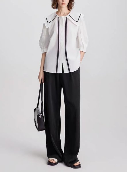 画像5: Women's Black and white contrast sailor collar 5/4 sleeve blouse　ホワイト＆ブラックのコントラストセーラーカラー5分袖ブラウス (5)