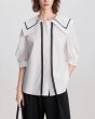 画像2: Women's Black and white contrast sailor collar 5/4 sleeve blouse　ホワイト＆ブラックのコントラストセーラーカラー5分袖ブラウス (2)