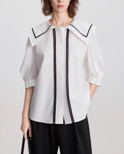 画像8: Women's Black and white contrast sailor collar 5/4 sleeve blouse　ホワイト＆ブラックのコントラストセーラーカラー5分袖ブラウス (8)